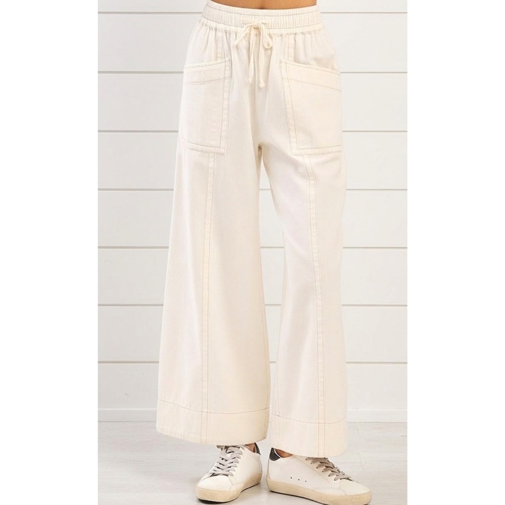 mittoshop Large Pants Mineral Wash Wide Leg Elastic Waist Twill Pants White NWT